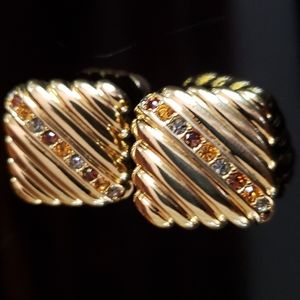 VTG Joan Rivers gold dipped ear clips, multicolor rhinestones